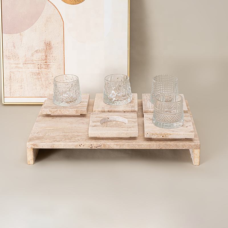 天然黄洞石托盘摆件样板间售楼处客厅茶几茶托杯垫桌面装饰品软装