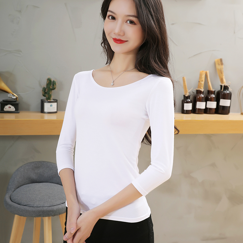 莫代尔打底衫女冬七分袖秋衣薄款大圆领低领内搭修身7分袖t恤上衣
