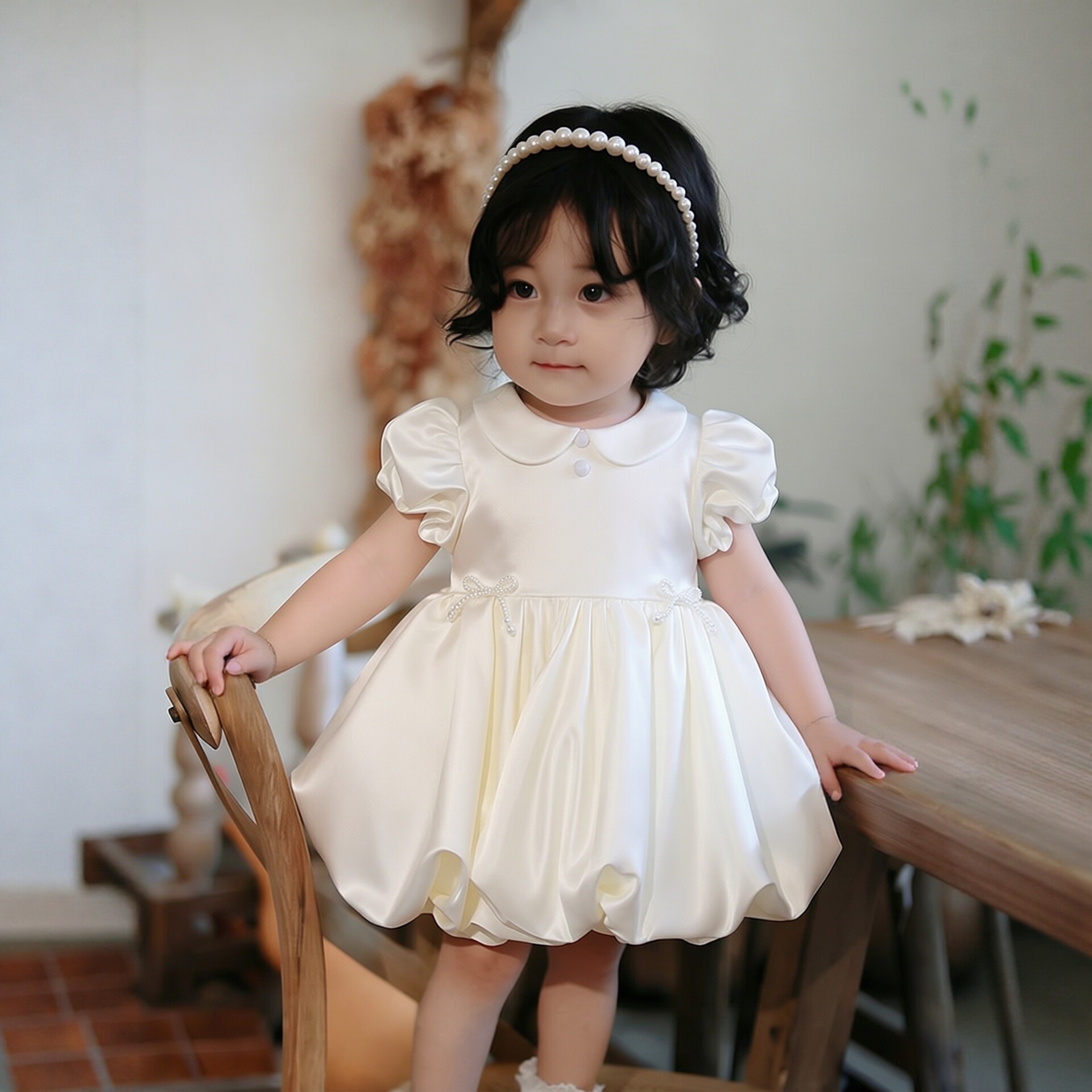夏季新款女宝宝周岁礼服女宝白色缎面蓬蓬裙抓周宴生日花童公主裙