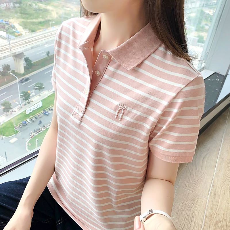 条纹短袖polo衫女夏新款修身大码翻领纯棉t恤胖MM上衣可定制logo