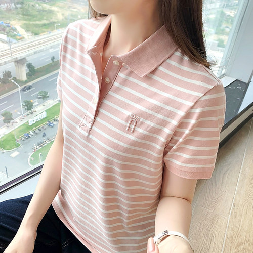 粉色条纹短袖polo衫女