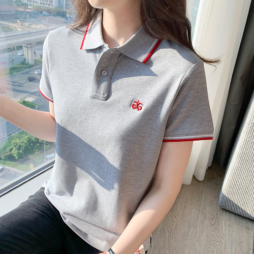 撞色领短袖polo衫女夏