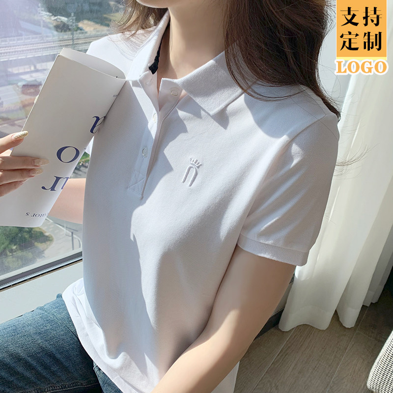 白色polo衫短袖女款夏季刺绣体恤衫休闲百搭翻领t恤上衣 定制logo图片