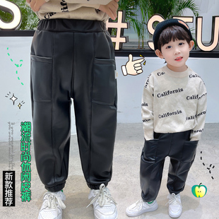 牛范儿童皮裤加绒加厚冬款一体绒男童束脚裤男宝宝PU皮裤