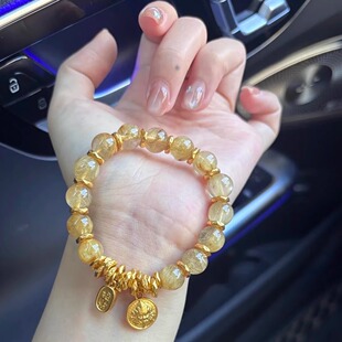 黄财神盘缠金发晶手链时尚轻奢金包银转运珠招财纳福牌手串送女友