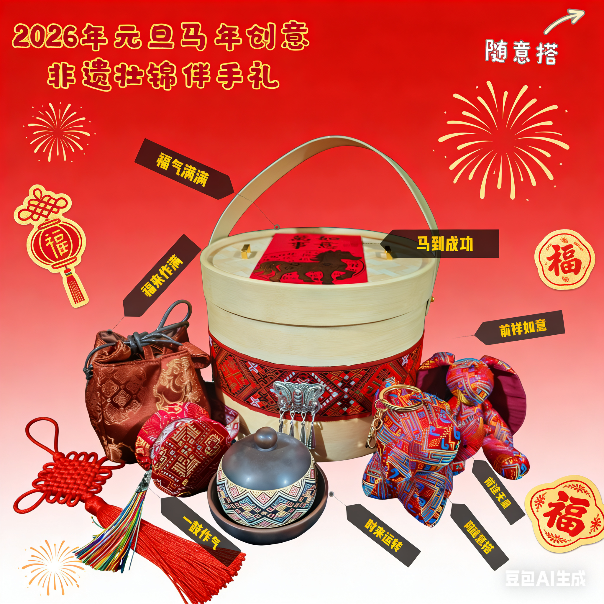 2026年马年新款非遗壮锦伴手礼手提礼盒包装盒高端抱抱桶礼品盒