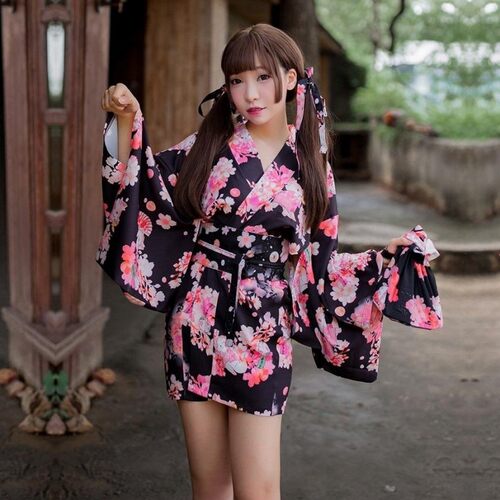 和服式睡衣女性感甜美开襟腰封印花家居服私房纯欲风情调日系睡裙