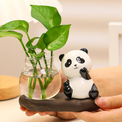 熊猫水培花瓶办公桌装饰品书桌绿萝陶瓷花瓶养殖器水培玻璃瓶摆件