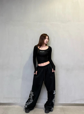 KIMMING 金大铭同款宽松休闲爵士烫钻印花卫裤