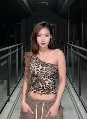 KIMMING金大铭同款修身无袖飘带豹纹黑色烫钻爵士女上衣