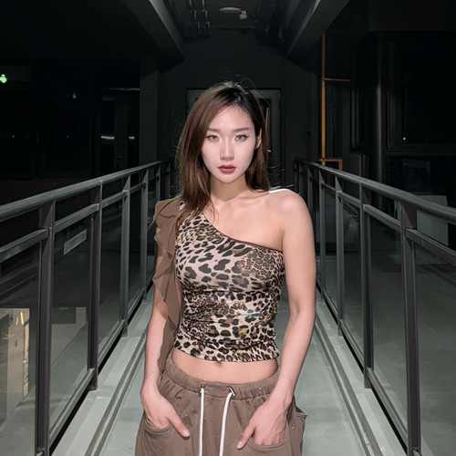 KIMMING金大铭同款修身无袖飘带豹纹黑色烫钻爵士女上衣