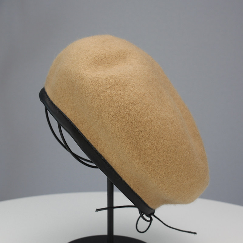 hakuzu女秋季时尚百搭画家帽子女冬文艺黑色英伦复古皮边贝雷帽
