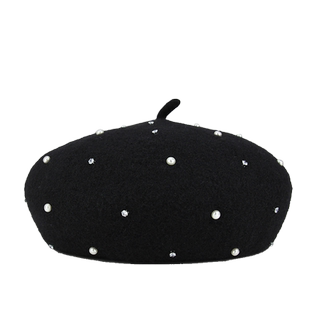 HAKUZU羊毛秋冬时尚珍珠缝制镶钻贝蕾帽手工毛呢帽立体蓓蕾帽子女