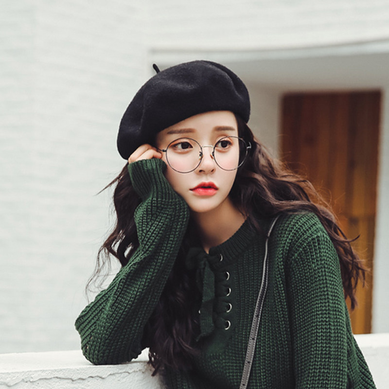 HAKUZU秋冬简约时尚纯色羊毛呢贝雷帽画家帽子复古小头围S码女帽