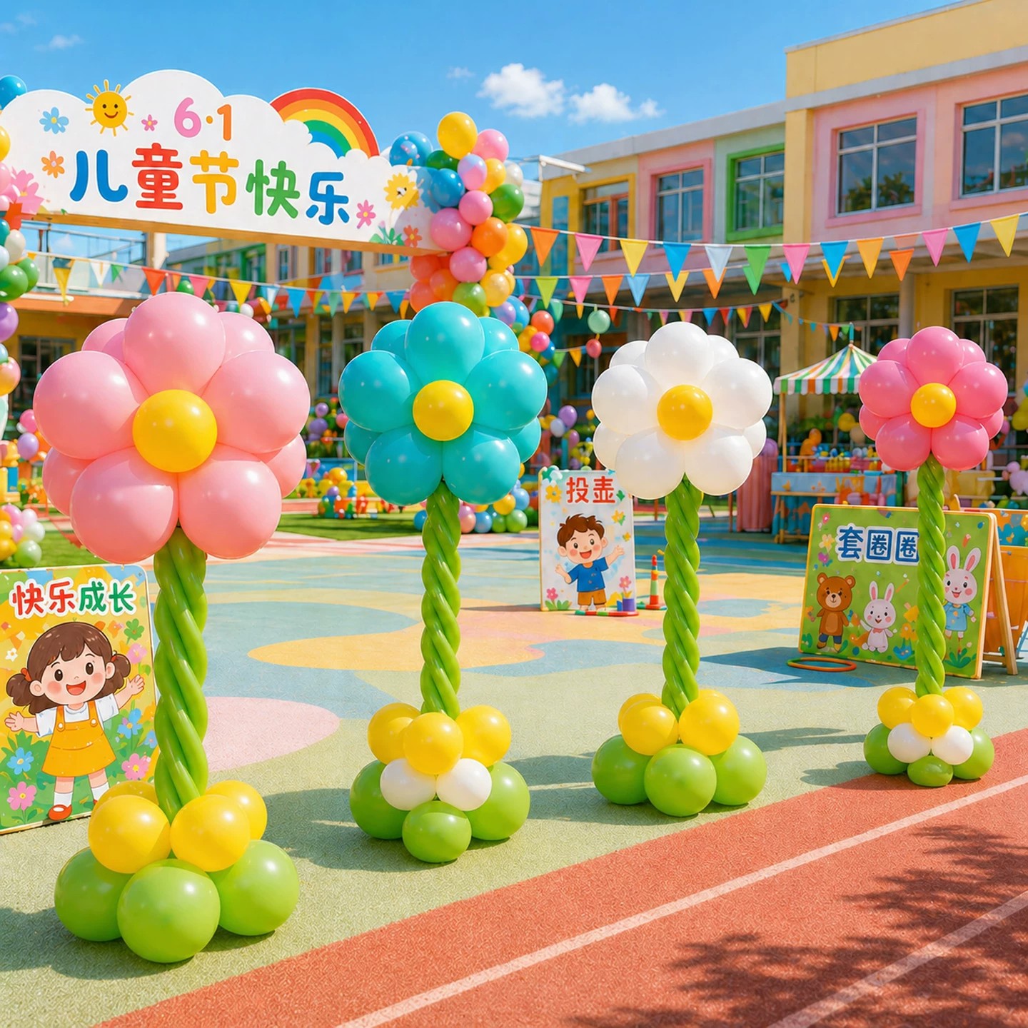 六一儿童节气球花朵立柱幼儿园装饰生日场景布置仪式感拍照道具