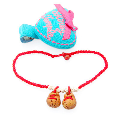 天然桃核一对可爱小鞋子银转运珠红绳脚链 可送宝宝