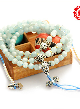 舞泽天天然海蓝宝108颗佛珠配银莲花金刚杵手链