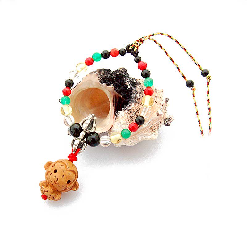 桃核12生肖猴+五行五色水晶+925纯银金刚杵桃心手机链 生肖不齐