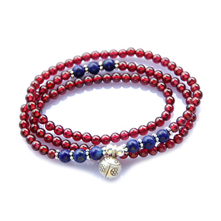 手工银瓢虫青金石4A级酒红石榴石三圈手链 情人节礼物