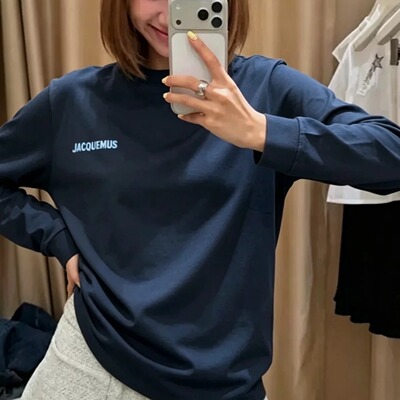 JACQUEMUS印花长袖T恤打底蓝色长袖女潮流宽松男女情侣装圆领上衣