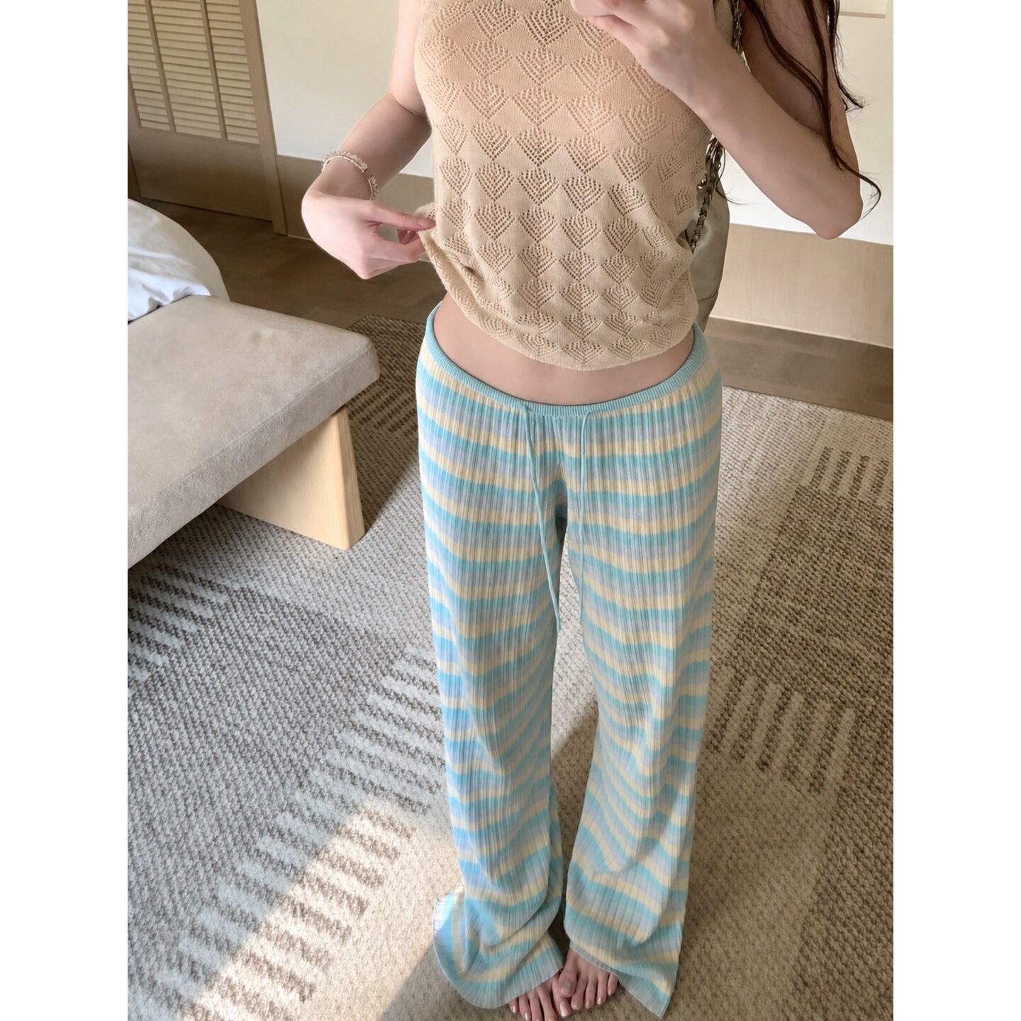 秋季蓝黄条纹高腰阔腿睡裤女