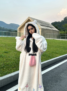 Maddy 可爱搞怪珊瑚绒睡袍女冬季新款加绒加厚保暖家居服睡裙冬天