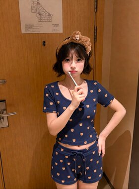 韩系慵懒风可爱小熊印花短袖短裤睡衣女夏藏青色家居服套装带胸垫