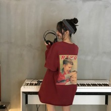 学生韩版 上衣 宽松印花bf原宿风中长款 T恤女2019秋季 破洞长袖 新款