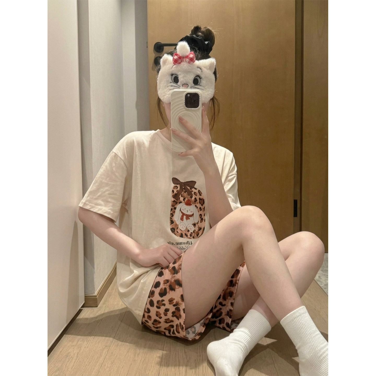 日系可爱卡通兔子睡衣女夏季新款纯棉短袖豹纹家居服两件套可外穿