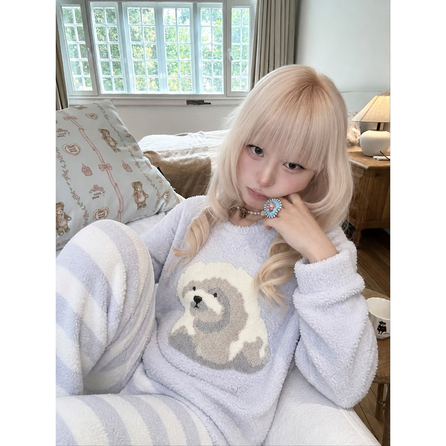 韩版卡通小狗半边绒圆领睡衣女秋冬新款加绒加厚保暖家居服套装