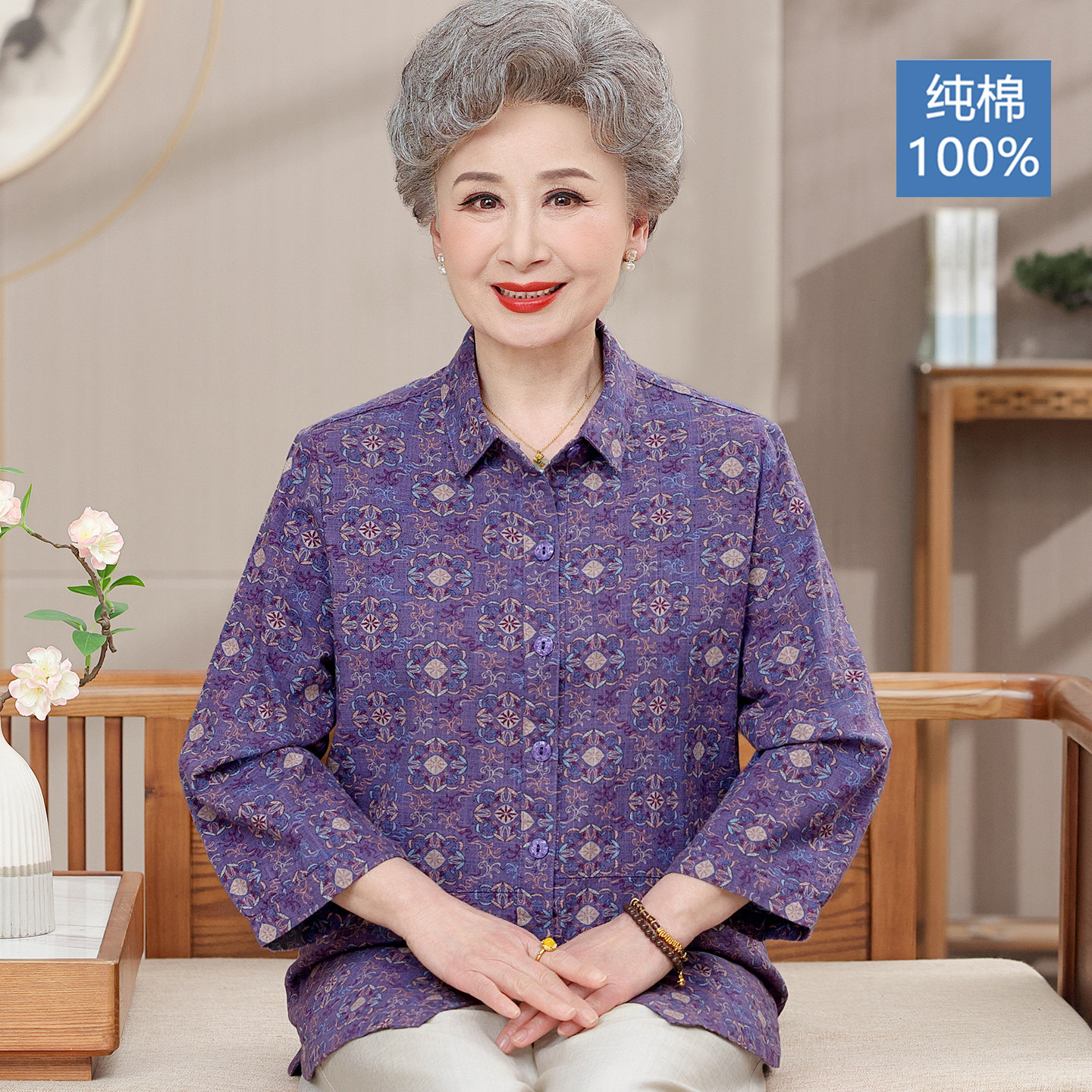 纯棉中老年女春夏七分袖翻领衬衫