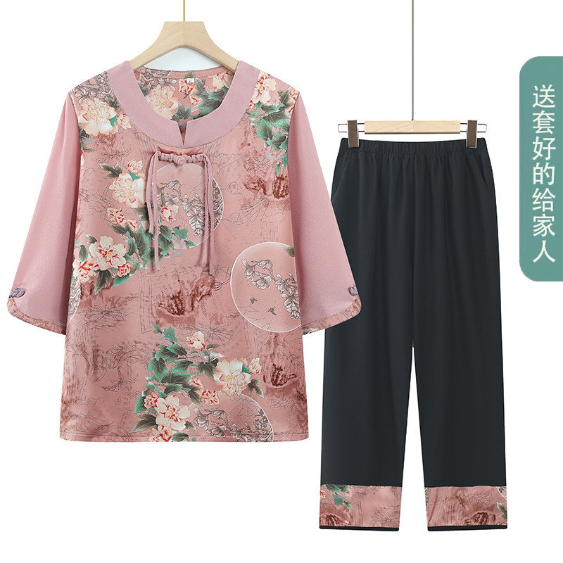 老年人夏装女套装国风中袖上衣裤子老太太衣服薄60岁70老年妈妈装