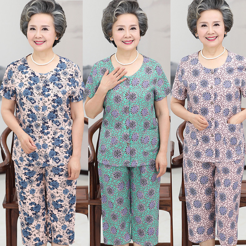 奶奶夏装套装60-70岁中老年人短袖妈妈棉绸两件套太太老人的衣服