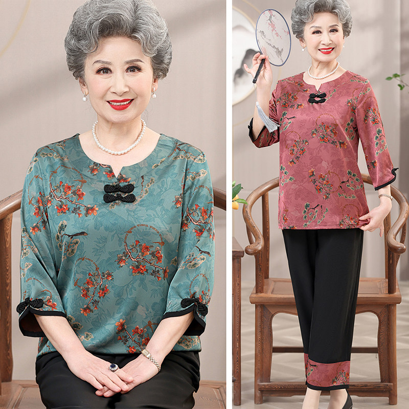 妈妈夏装套装真丝中袖T恤上衣中老年60岁80老太太奶奶老人衣服女
