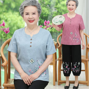 奶奶夏装 套装 纯棉T恤上衣老年人夏装 女70岁80老人衣服全棉妈妈装