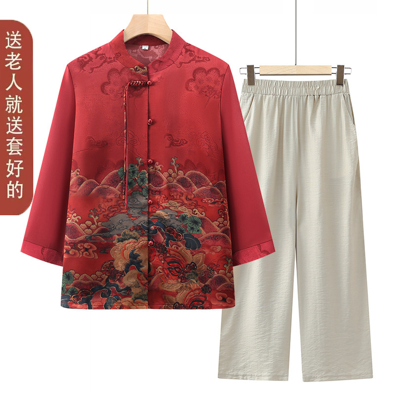 老年人夏装女奶奶装夏季真丝衬衫新中式国风妈妈装大红色喜庆衣服