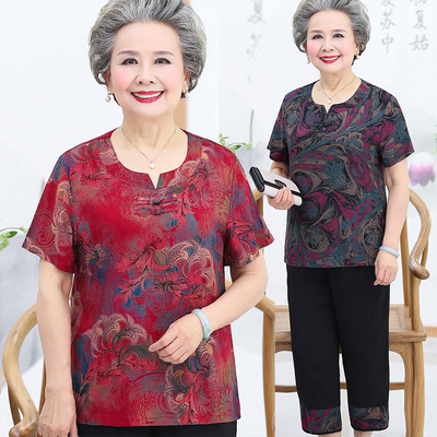 老太太夏装奶奶装棉绸套装