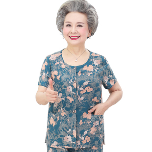 純棉綢吸汗透氣媽媽夏裝短袖套裝老年人女70歲奶奶母親節老人衣服