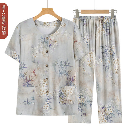 奶奶夏装套装中老年女装夏季棉绸短袖开衫妈妈宽松两件套老人衣服