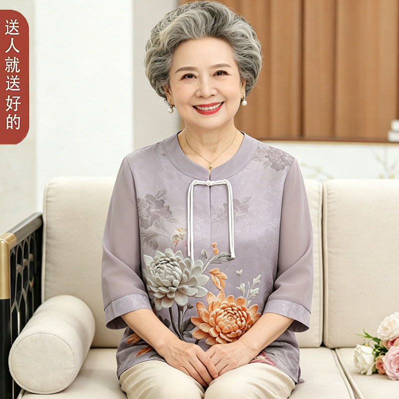 中老年人夏装女中袖T恤上衣套头两件套奶奶装休闲套装圆领妈妈装