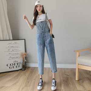 RM17997#夏季新款流行网红八分矮小个子牛仔背带裤女韩版直筒宽松爆款