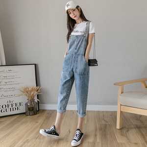 RM17997#夏季新款流行网红八分矮小个子牛仔背带裤女韩版直筒宽松爆款