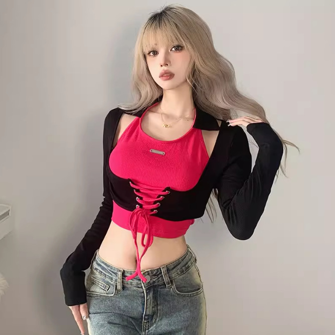酷女孩蹦迪辣妹穿搭系带长袖T恤爵士jazz甜辣跳舞蹈女团镂空上衣