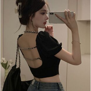 上衣 设计感小众独特短款 纯欲辣妹性感镂空露背短袖 t恤女ins潮夏季