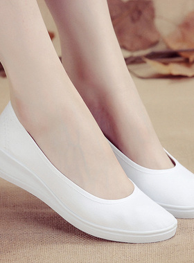 一字牌护士鞋女白色坡跟软底牛筋底美容鞋平底夏季透气防臭小白鞋
