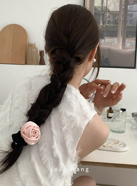 玫瑰缎面花朵发圈女头饰气质皮筋女扎头发绳法式小香风扎马尾头绳