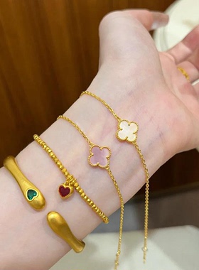 不掉色～四叶花草单花手链钢钛轻奢小众简约高级手镯手链叠戴