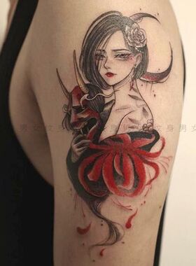 暗黑系彼岸花般若面具艺妓花臂纹身贴防水 女 持久仿真ins风