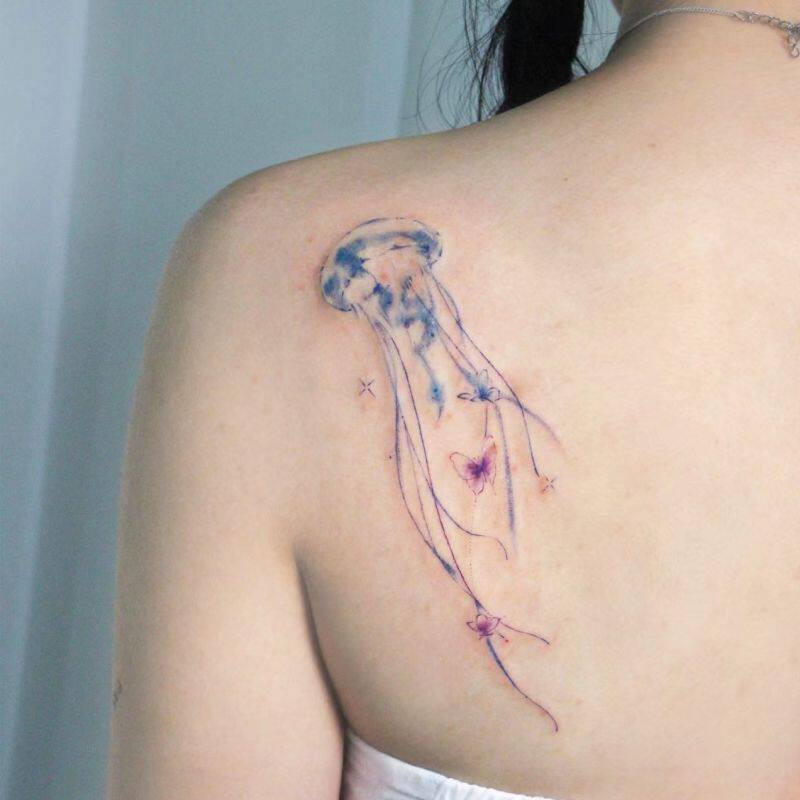 水墨渐变彩色水母纹身贴卡通防水女持久手臂彩绘花臂甜酷少女可爱