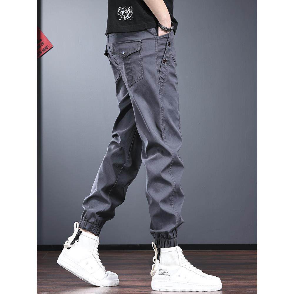 高级感工装休闲裤男款美式抽绳束脚裤春秋款灰色宽松显瘦加绒男裤